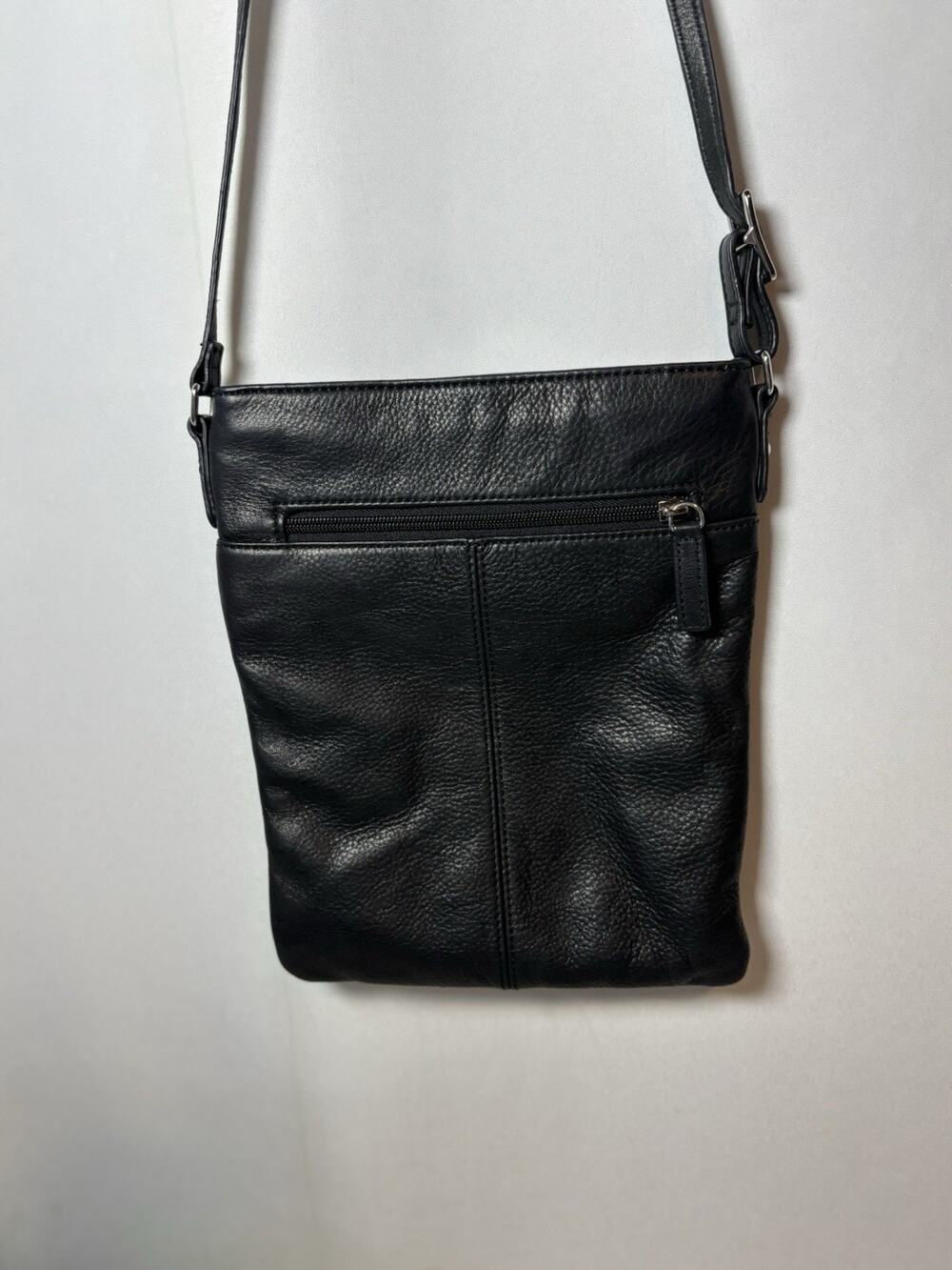 Margot Black Leather Crossbody Bag Small Zip Front Pocket Adjustable Strap